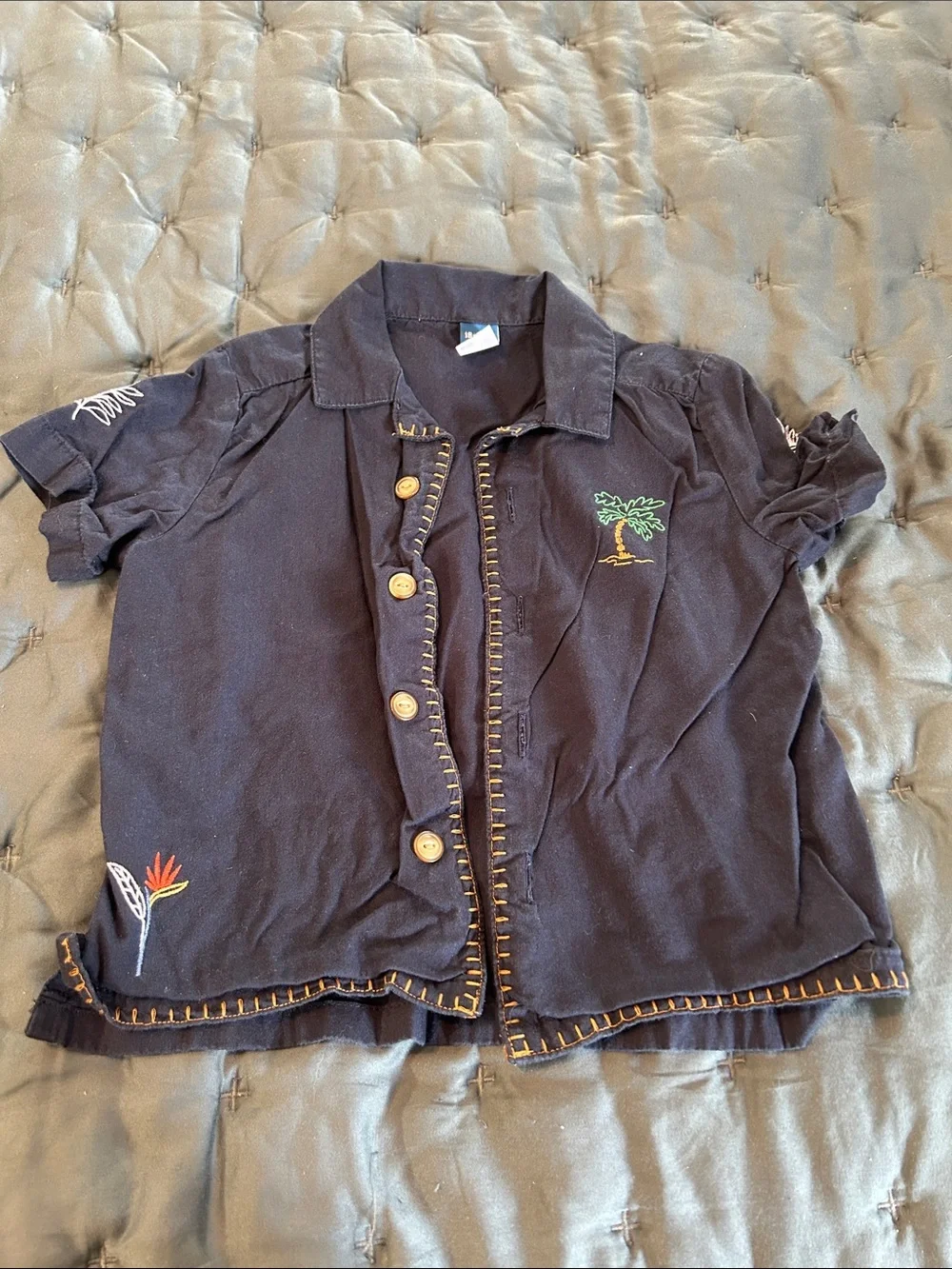 Old Navy navy blue button-down shirt with embroidered palm and flower